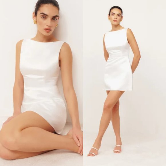 NWT Reformation Zenni Satin Bridal Mini Dress Sz 8 Ivory A-line V-Back Fitted - Picture 1 of 10